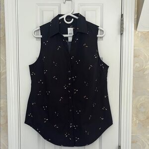 Ann Taylor Black Sleeveless Cotton Blend Top with Fun Tan and White Print. NWT